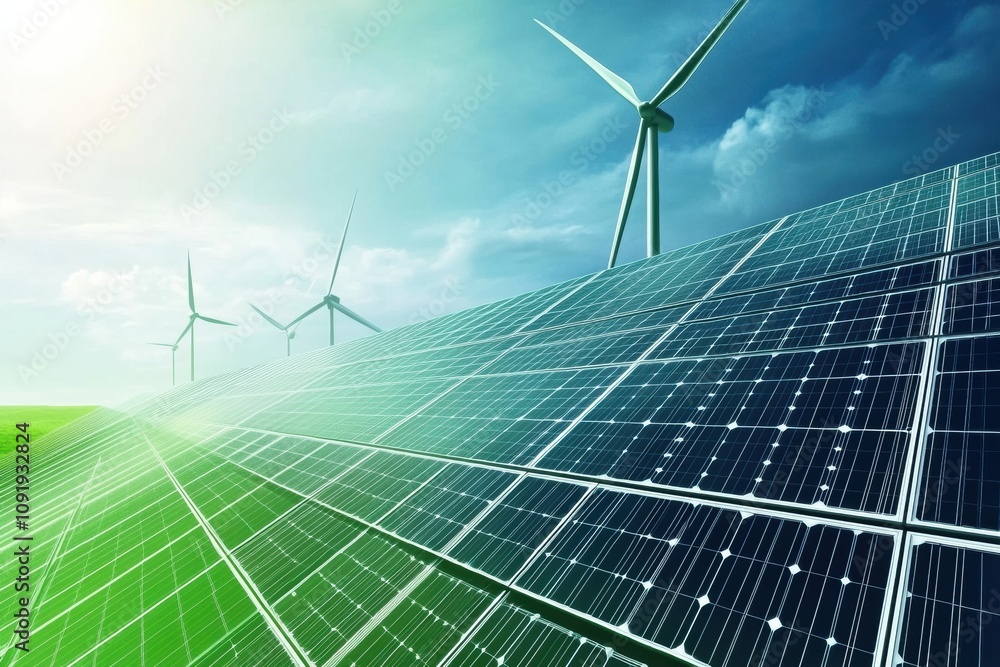 Aufkleber a blend of solar panels and wind turbines showcases sustainable energy solutions in an eco-friendly 