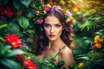 Naklejka premium Aerial View of a Beautiful Woman Portrait Surrounded by Nature's Vibrant Colors, Emphasizing Natural Beauty and Serenity in a Captivating Outdoor Setting