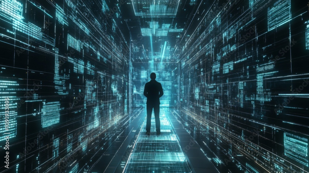 Aufkleber a person stands in a dark corridor filled with vibrant digital data visualizations.