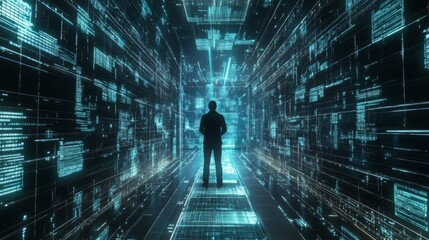 A person stands in a dark corridor filled with vibrant digital data visualizations.