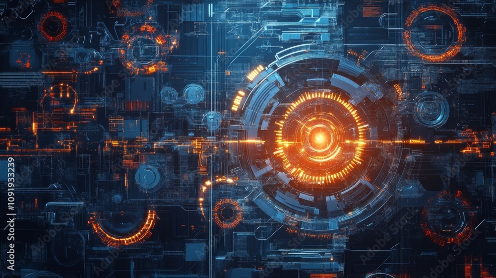 Poster The image features a digital interface with a central glowing orange circle surrounded by smaller circles and lines. The background is a dark blue with a variety of orange and blue lines and shapes.