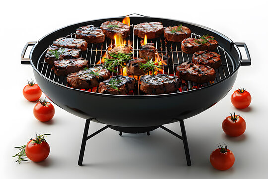 Meat on a Portable Barbecue Grill Stove BBQ Grill Kettle Isolated on a White Background for E-commerce, Food Blogs, Camping Gear, Outdoor Ads, Social Media, Recipes, Product Catalogs