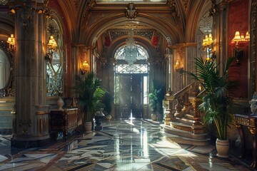 Obraz premium The grand entrance hall features rich architectural details, polished marble floors, and lush plants, illuminated by warm sunlight entering through the expansive doorway.