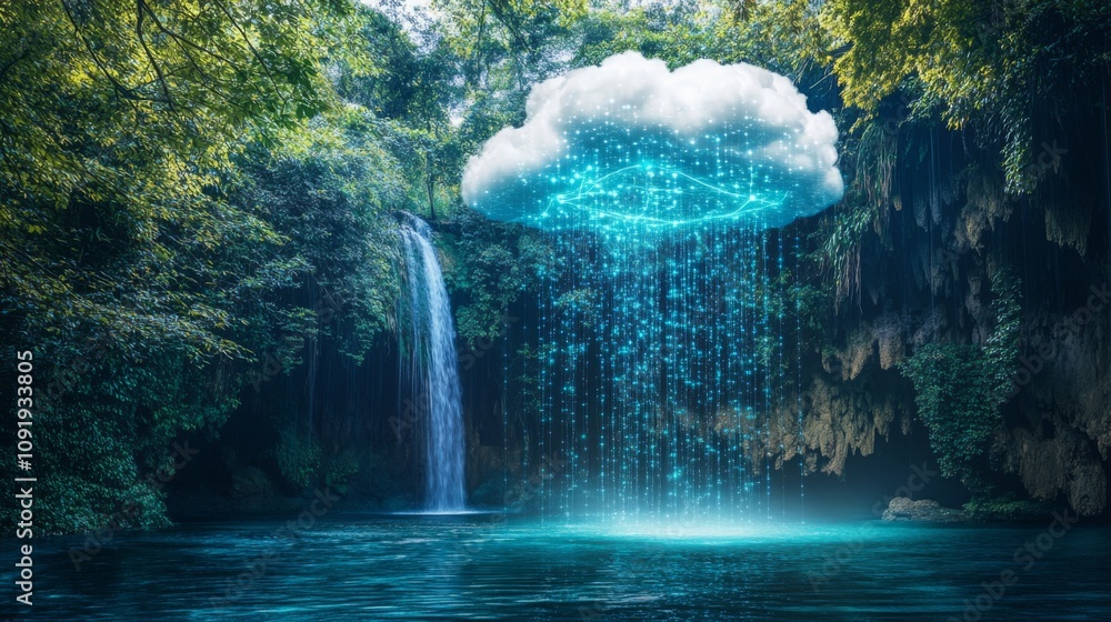 Poster a waterfall cascades into a pool of water in a dense jungle.