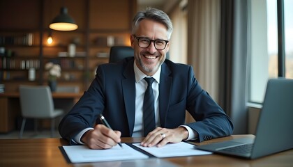 Obraz premium Hombre profesional de mediana edad, ejecutivo o abogado, firmando un documento legal en su escritorio