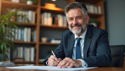 Hombre profesional de mediana edad, ejecutivo o abogado, firmando un documento legal en su escritorio