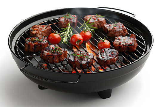 Meat on a Portable Barbecue Grill Stove BBQ Grill Kettle Isolated on a White Background for E-commerce, Food Blogs, Camping Gear, Outdoor Ads, Social Media, Recipes, Product Catalogs