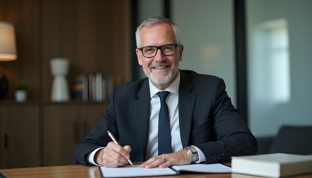 Hombre profesional de mediana edad, ejecutivo o abogado, firmando un documento legal en su escritorio