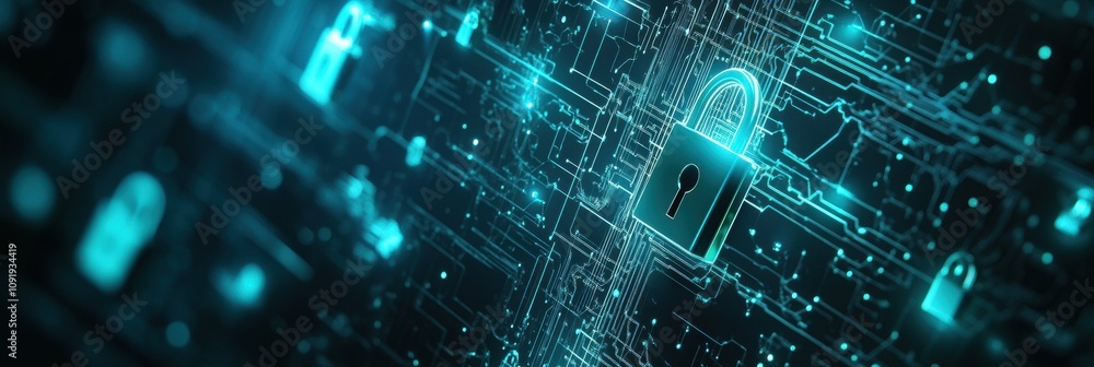 Poster a detailed composition presents padlocks and keys interwoven in a digital landscape, symbolizing sec