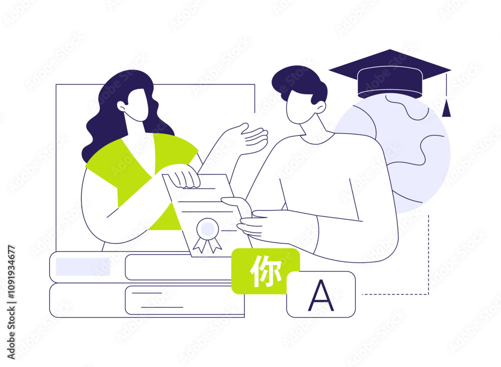 Poster get language certificate abstract concept vector illustration.