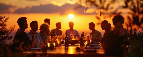 A silhouette of a group at a barbecue, with a background of a summer sunset