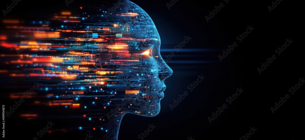 Poster digital face silhouette with flowing data streams, representing artificial intelligence and technolo