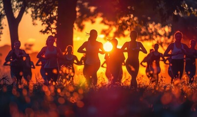 Obraz premium A silhouette of a group doing aerobics in a park, with a vibrant, early morning backdrop