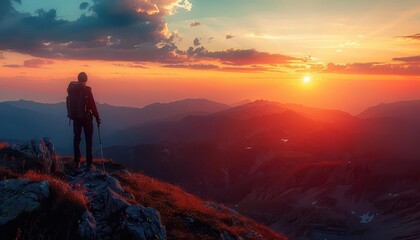 Fototapeta premium A silhouette of a hiker at a viewpoint, with a panoramic sunset mountain scene