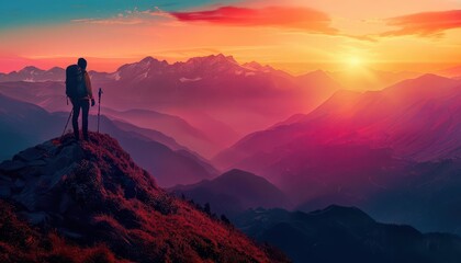 Fototapeta premium A silhouette of a hiker at a viewpoint, with a panoramic sunset mountain scene