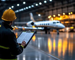 An aircraft technician inspects a private jet in a well-lit hangar, ensuring safety and readiness for flight operations.