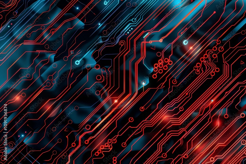 Poster an intricate pattern of circuit lines in blue and red creates a vibrant visual effect, resembling th