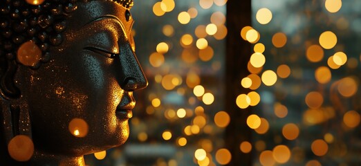 Obraz premium Buddha statue illuminated by bokeh lights, serene expression, intricate details, warm ambiance