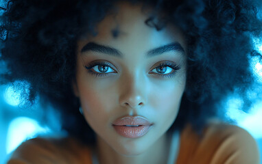 Naklejka premium Blue Toned Studio Portrait Elegant Beautiful African American Woman with Stunning Curly Dark Hair Deep Blue Eyes in Soft Focus under Sophisticated Back-Lighting