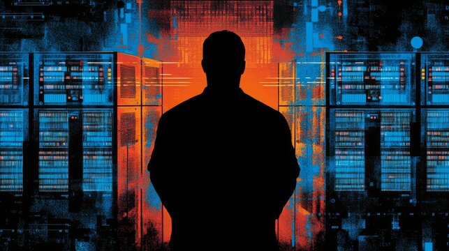 A person stands silhouetted against glowing server racks, illuminated by vibrant blue and orange lights. - Powered by Adobe