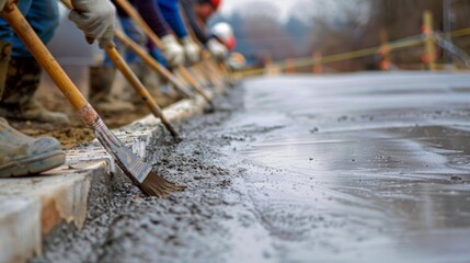 A long line of builders meticulously brush on a precise layer of liquid waterproofing to the freshly poured concrete of a residential foundation.