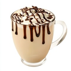 A creamy almond joy latte with coconut milk and chocolate syrup, isolated white background, realism art style