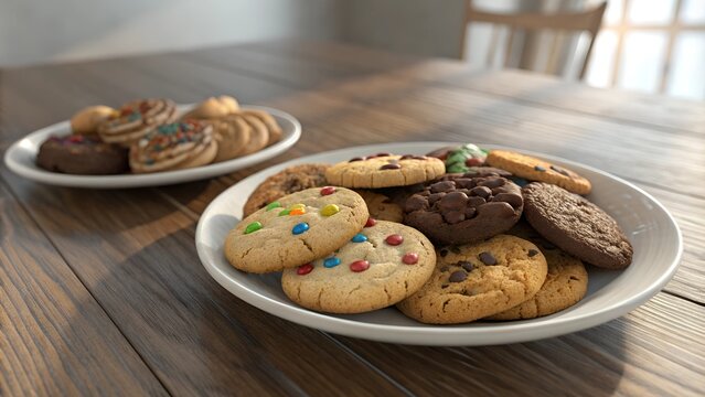 A plate with assorted different types of cookies against a wooden textured kitchen table with soft light falling from above. Cookie day concept.