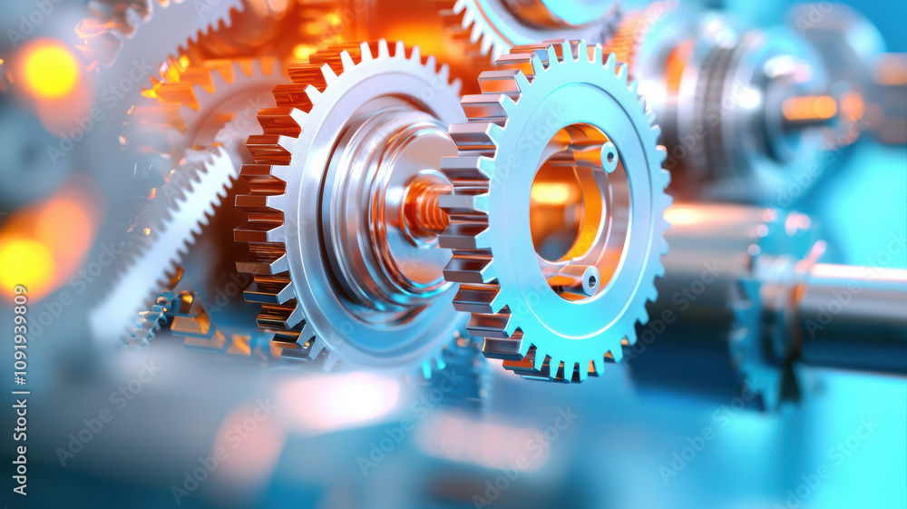 Poster close up of complex rolling mill components, showcasing intricate gears and machinery. vibrant color
