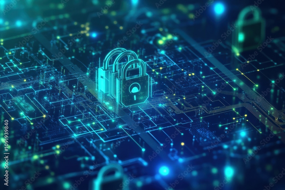 Aufkleber A vivid digital abstract background showcases padlocks and keys intertwined with glowing lines, representing security in a connected world. Generative AI