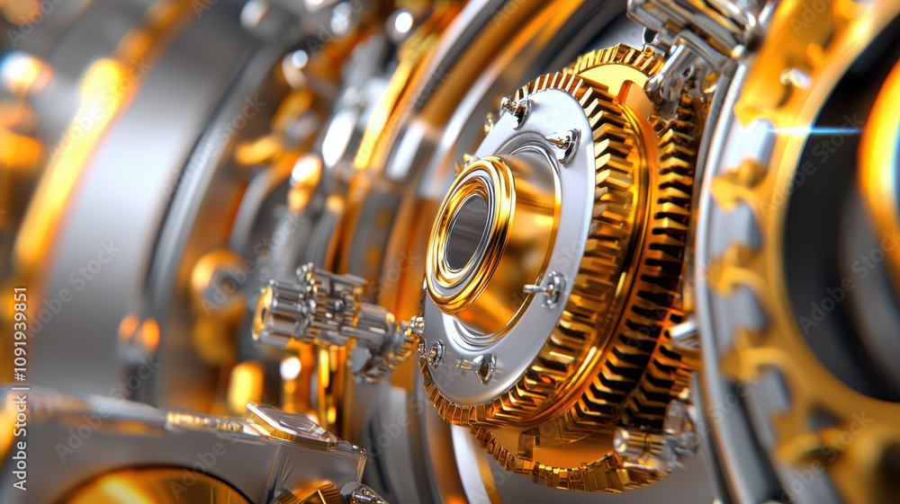 Poster close up of intricate gears and components in rolling mill, showcasing metallic textures and vibrant