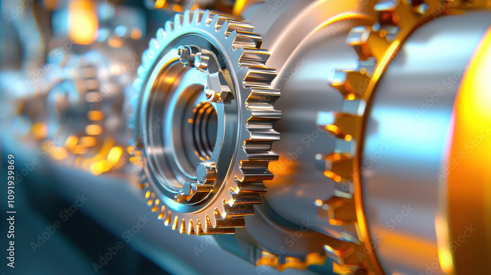 Poster close up of complex rolling mill components, showcasing shiny gears and intricate details. vibrant c