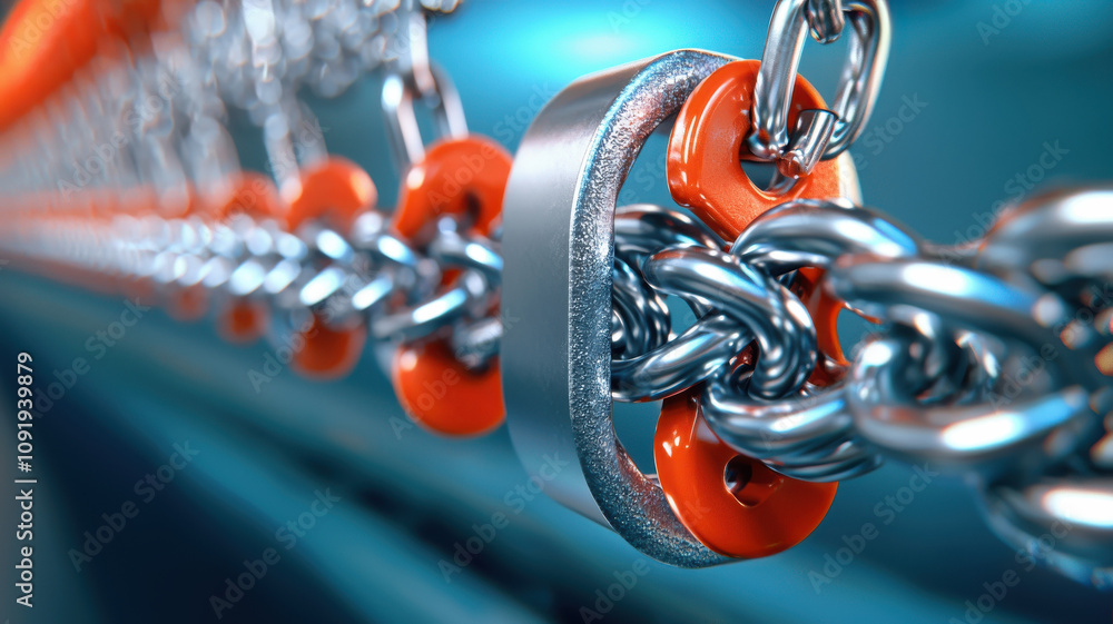 Poster close up of industrial conveyor belt with metallic chains and orange rollers, showcasing intricate d