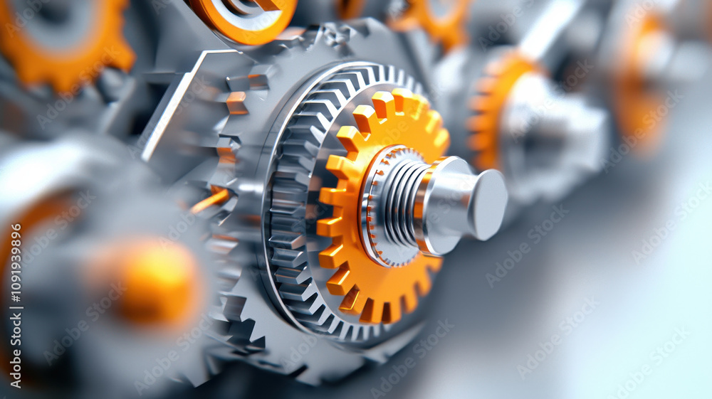 Poster close up of complex rolling mill components, showcasing intricate gears and mechanisms with vibrant 