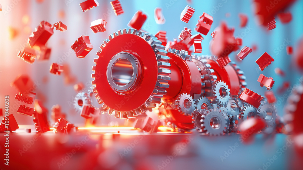 Poster close up of red gears and rollers in motion, showcasing mechanical precision and dynamic energy. vib