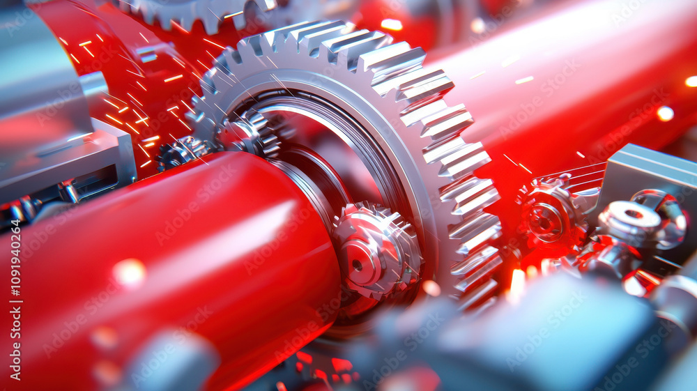 Poster close up of rolling mill in action, showcasing intricate gears and rollers with vibrant red highligh