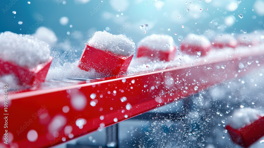 Poster conveyor carrying red containers filled with snow, creating dynamic scene with splashes of water dro