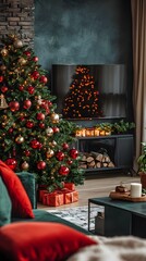 Obraz premium Cozy living room adorned for Christmas with a festive tree and warm decorations.