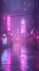Naklejka premium A vibrant urban alley illuminated by pink neon lights at night.