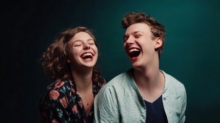 Obraz premium Joyful young couple sharing a laughter moment.