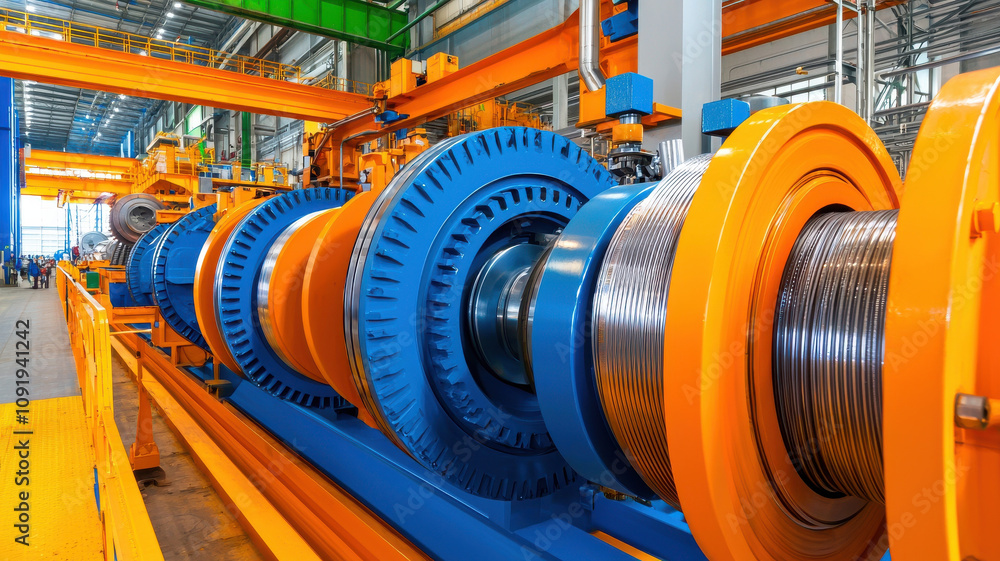 Poster detailed view of gears and rollers in rolling mill, showcasing industrial machinery and vibrant colo