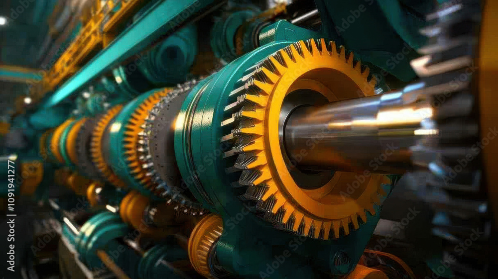 Aufkleber detailed view of gears and rollers in rolling mill, showcasing industrial machinery and precision en