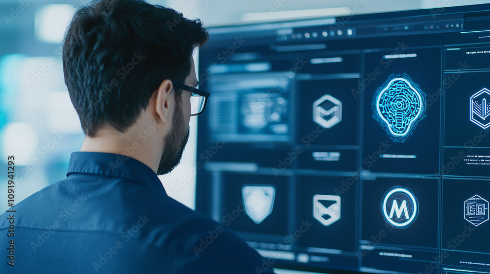 Poster a person analyzes data on a large screen, showcasing various digital icons and graphics, emphasizing