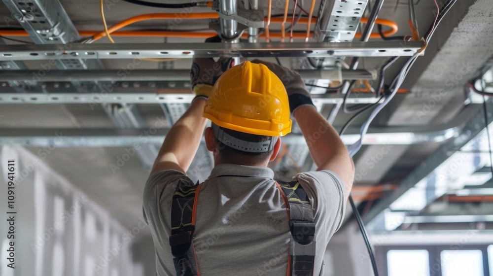 Aufkleber a team of workers are running wires and installing fire alarms throughout the building.