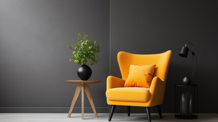 Mustard Yellow Wingback Armchair in Modern Dark Grey Interior