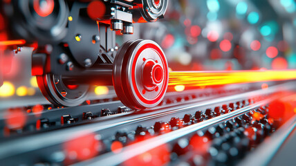 Obraz premium Rolling mill machinery with red hot steel bar, showcasing industrial processes and technology in action, highlighting precision and efficiency