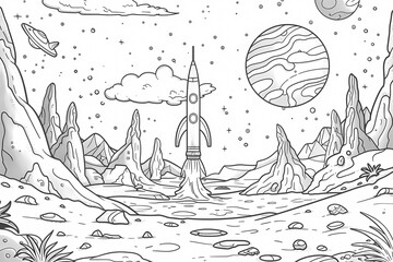 A whimsical rocket launching into a starry space with distant planets and a serene landscape in black and white, inviting imagination and creativity.