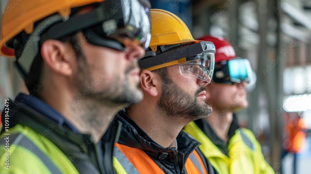 Poster a group of workers utilizing augmented reality glasses to assist in precise measurements and placeme