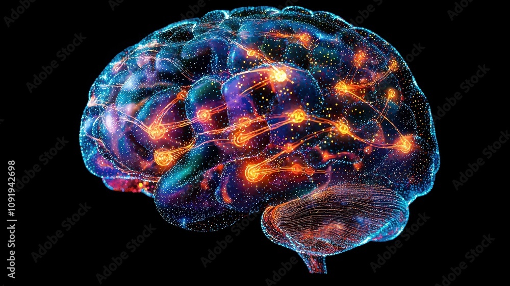 Poster a vibrant, digital representation of a brain, showcasing neural connections and synapses in a colorf