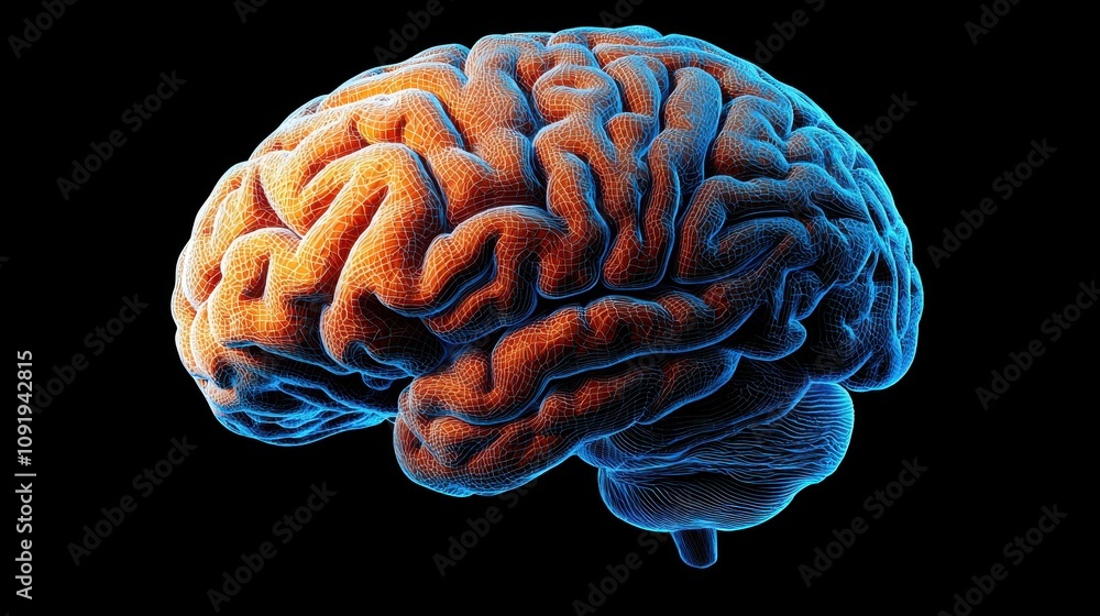 Poster a colorful, 3d rendering of a human brain, showcasing intricate folds and textures against a dark ba
