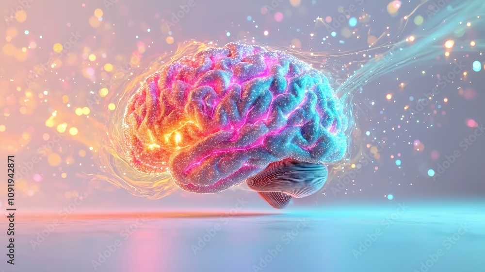 Poster a vibrant, digital representation of a brain, showcasing colorful neural connections and illuminated